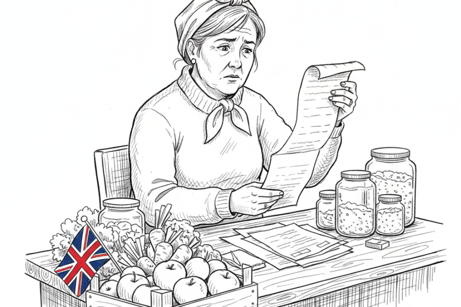 Pen-and-ink illustration of a UK market trader reviewing rising supplier costs, with a small Union Jack as the only coloured element
