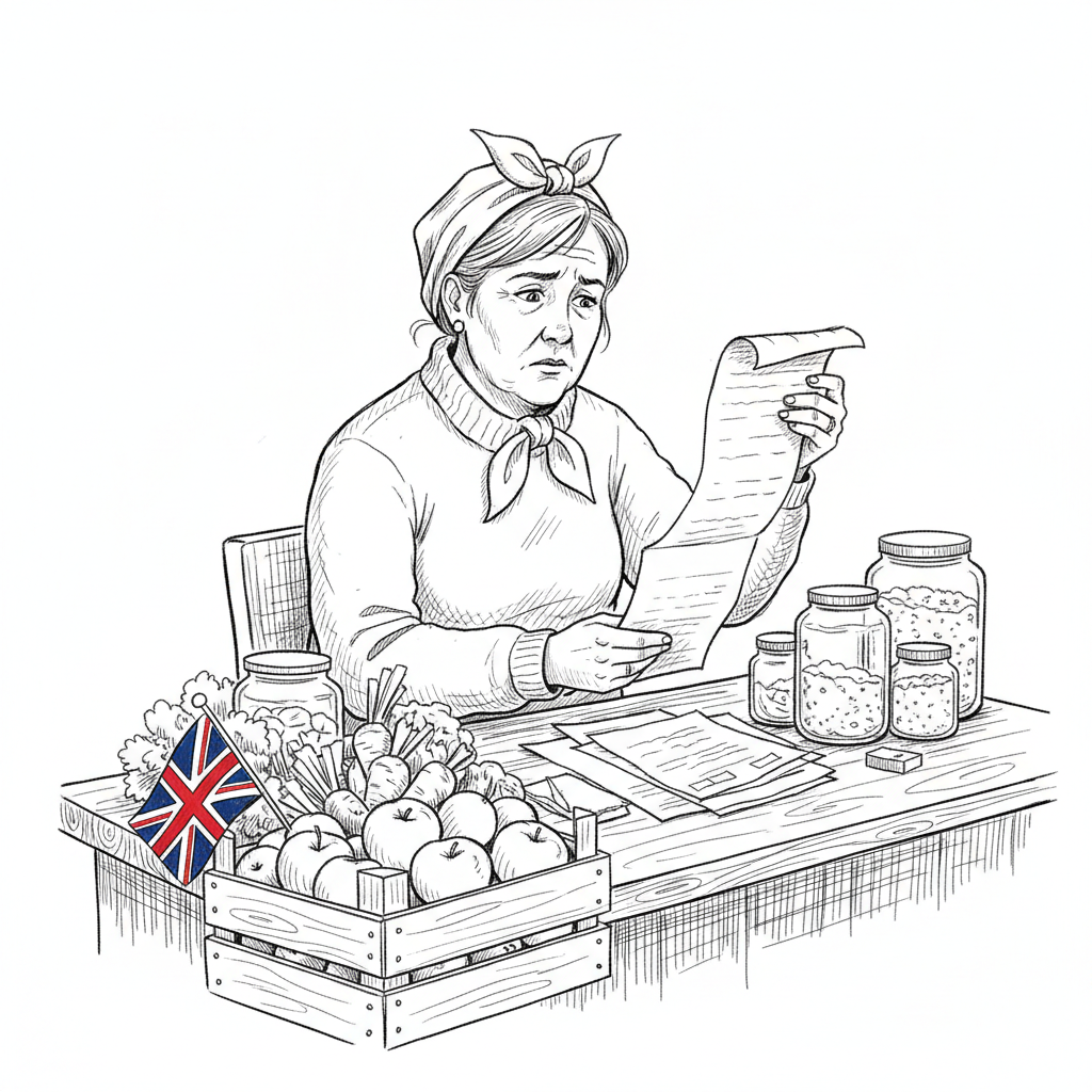 Pen-and-ink illustration of a UK market trader reviewing rising supplier costs, with a small Union Jack as the only coloured element
