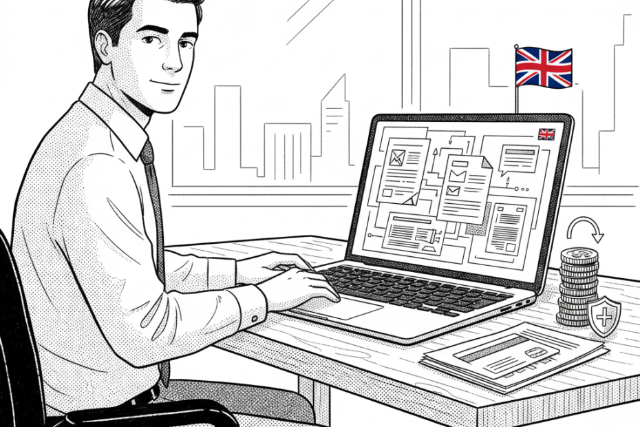 Pen-and-ink illustration of a UK small business owner reviewing digital credit paperwork beside a laptop, with a small tucked-away Union Jack as the only coloured element