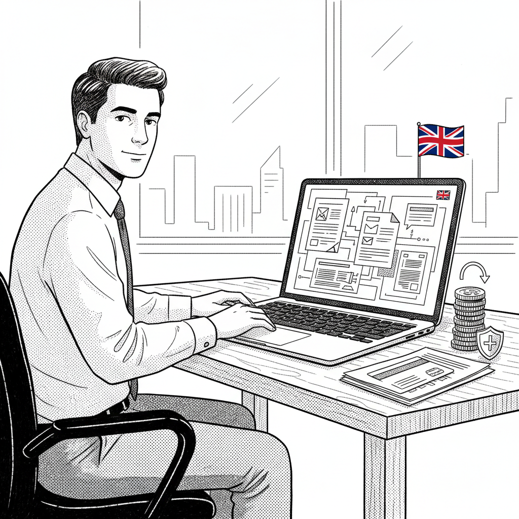 Pen-and-ink illustration of a UK small business owner reviewing digital credit paperwork beside a laptop, with a small tucked-away Union Jack as the only coloured element