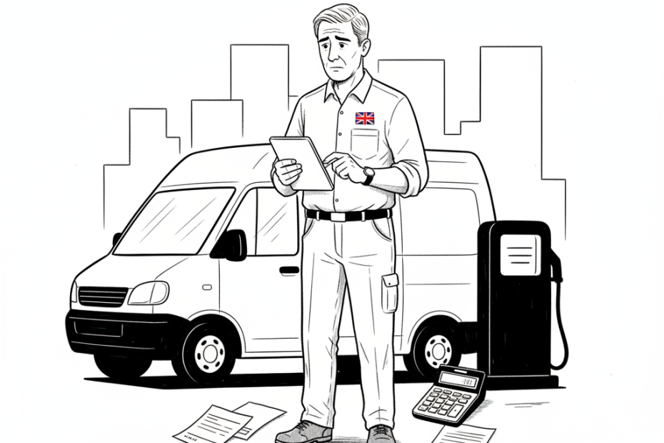 Pen-and-ink illustration of a UK small business owner checking fuel and delivery costs beside a van, with a small tucked-away Union Jack as the only coloured element