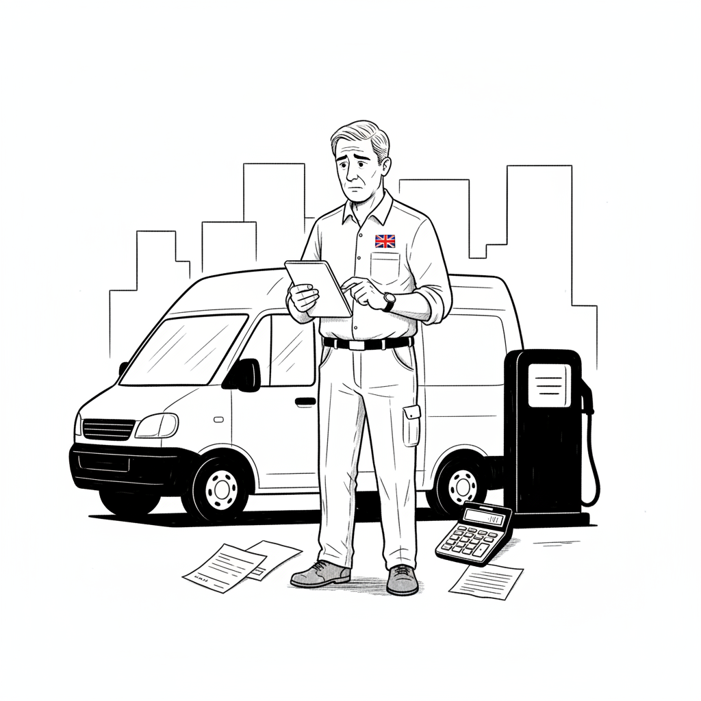 Pen-and-ink illustration of a UK small business owner checking fuel and delivery costs beside a van, with a small tucked-away Union Jack as the only coloured element