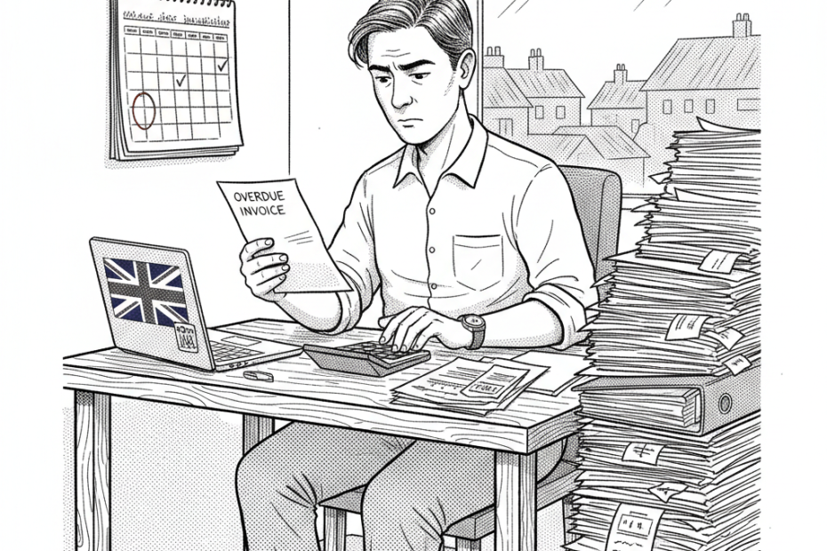 Pen-and-ink illustration of a UK small business owner checking overdue invoices, with a small Union Jack as the only coloured element