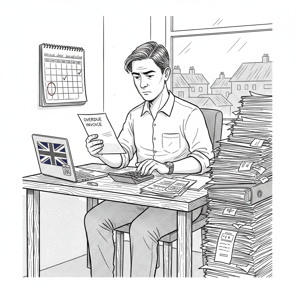Pen-and-ink illustration of a UK small business owner checking overdue invoices, with a small Union Jack as the only coloured element