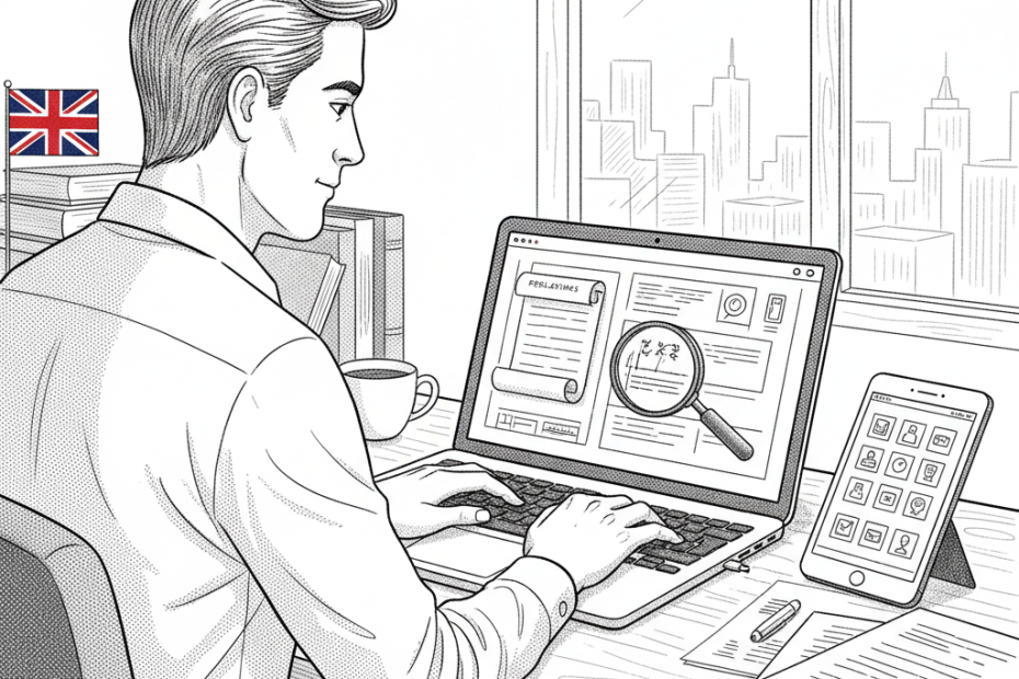 Pen-and-ink illustration of a UK small business app developer reviewing mobile platform rules beside a smartphone and laptop, with a small tucked-away Union Jack as the only coloured element