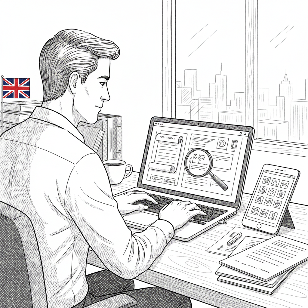 Pen-and-ink illustration of a UK small business app developer reviewing mobile platform rules beside a smartphone and laptop, with a small tucked-away Union Jack as the only coloured element