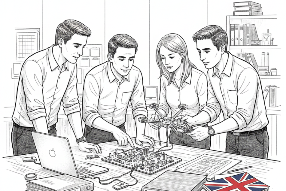 Pen-and-ink illustration of a UK technology SME team reviewing defence innovation plans, with a small Union Jack as the only coloured element