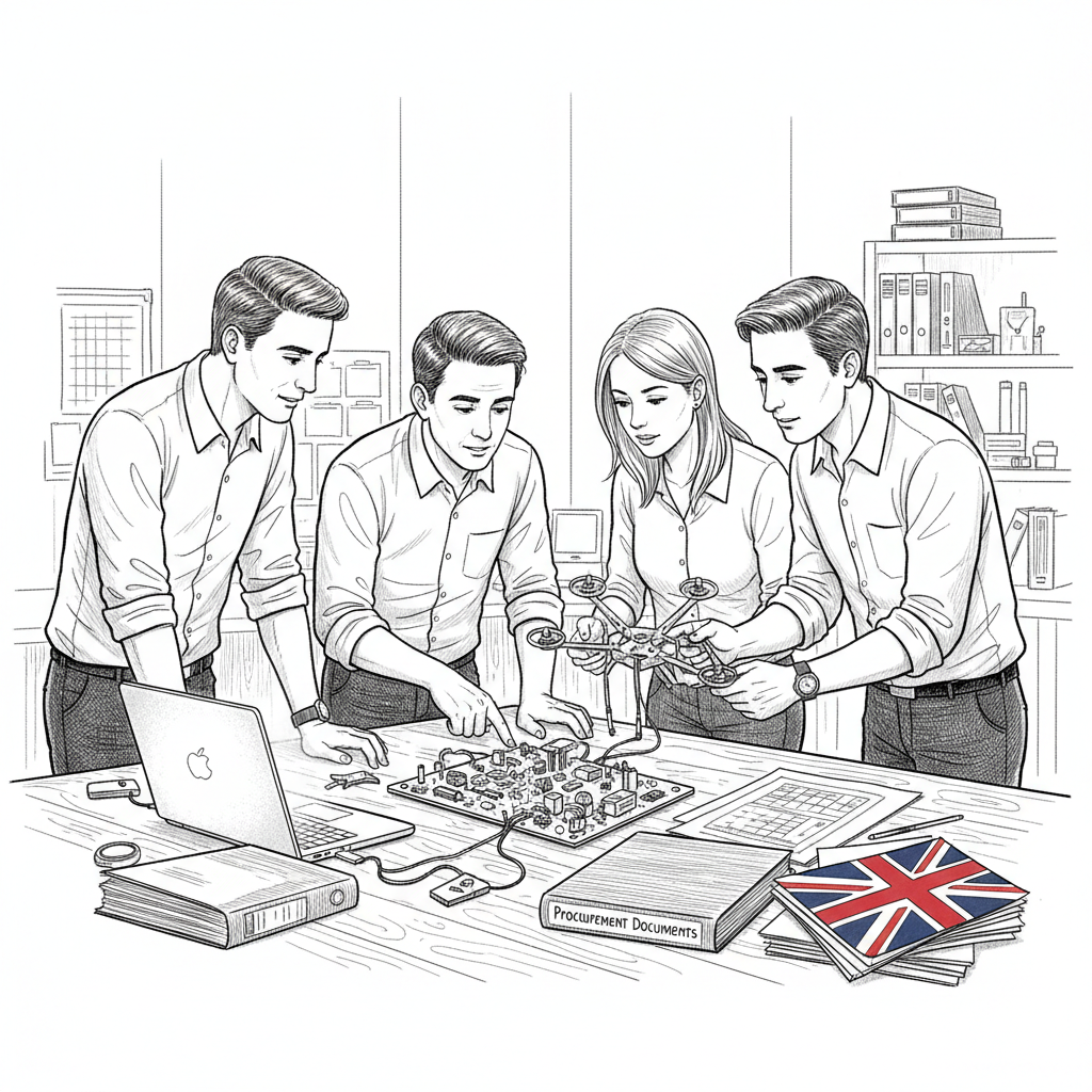 Pen-and-ink illustration of a UK technology SME team reviewing defence innovation plans, with a small Union Jack as the only coloured element