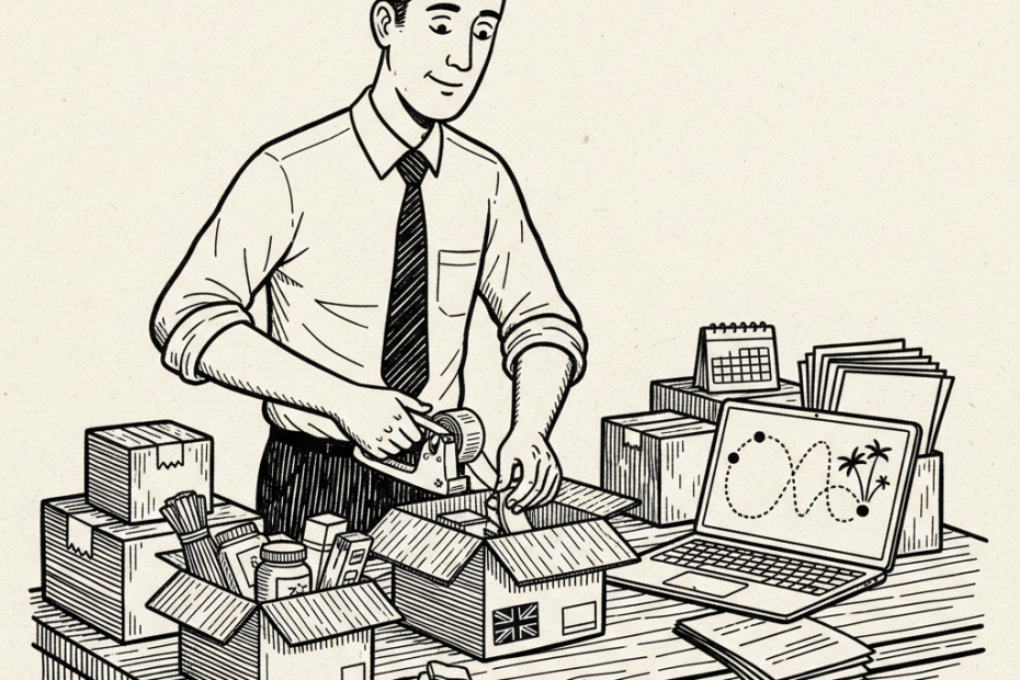 Pen-and-ink illustration of a UK small exporter preparing goods and customs paperwork for Gulf markets, with a small Union Jack as the only coloured element