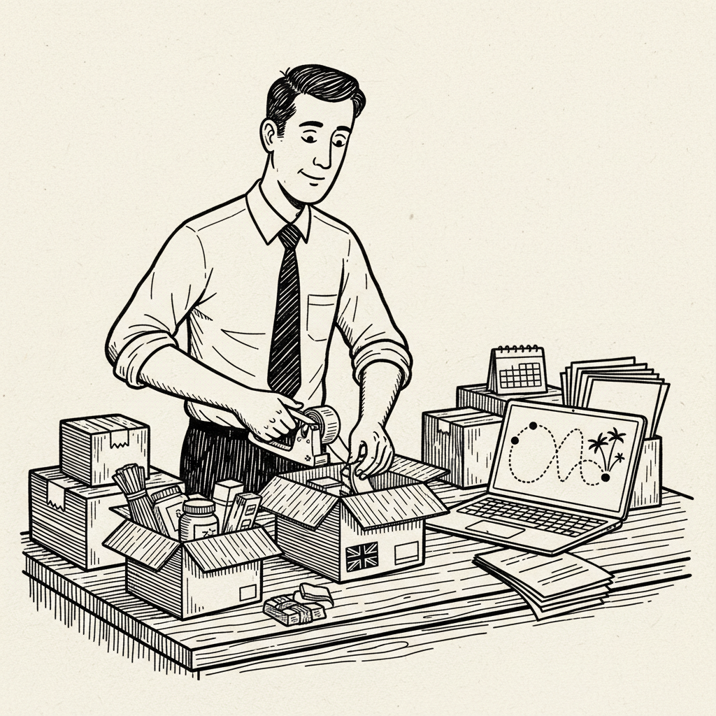 Pen-and-ink illustration of a UK small exporter preparing goods and customs paperwork for Gulf markets, with a small Union Jack as the only coloured element