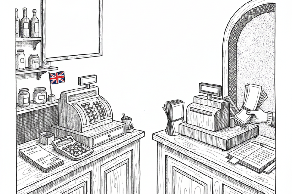 Pen-and-ink illustration of a small UK cafe and family attraction reviewing VAT notes before summer, with a small Union Jack as the only coloured element