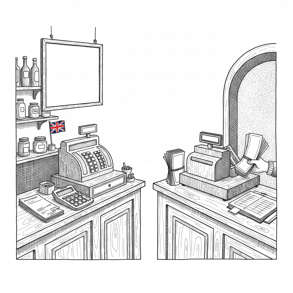 Pen-and-ink illustration of a small UK cafe and family attraction reviewing VAT notes before summer, with a small Union Jack as the only coloured element