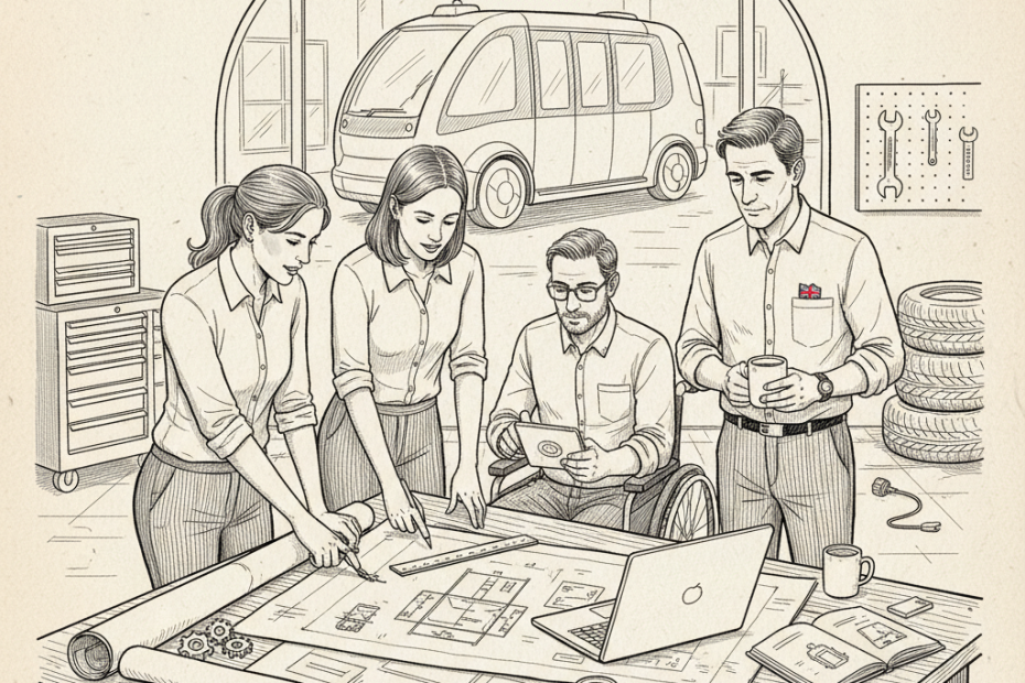 Pen-and-ink illustration of a UK transport SME reviewing self-driving passenger service plans, with a small Union Jack as the only coloured element
