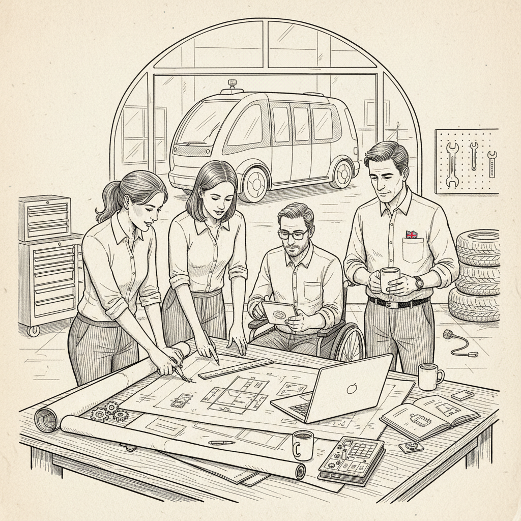 Pen-and-ink illustration of a UK transport SME reviewing self-driving passenger service plans, with a small Union Jack as the only coloured element