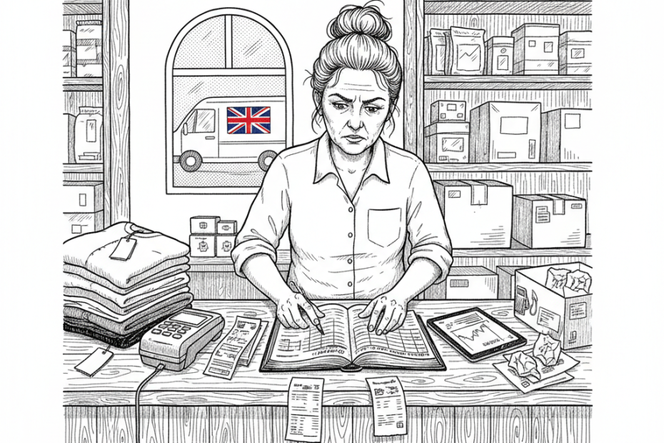 Pen-and-ink illustration of a small UK shop reviewing sales figures, fuel costs and online orders, with a small Union Jack as the only coloured element