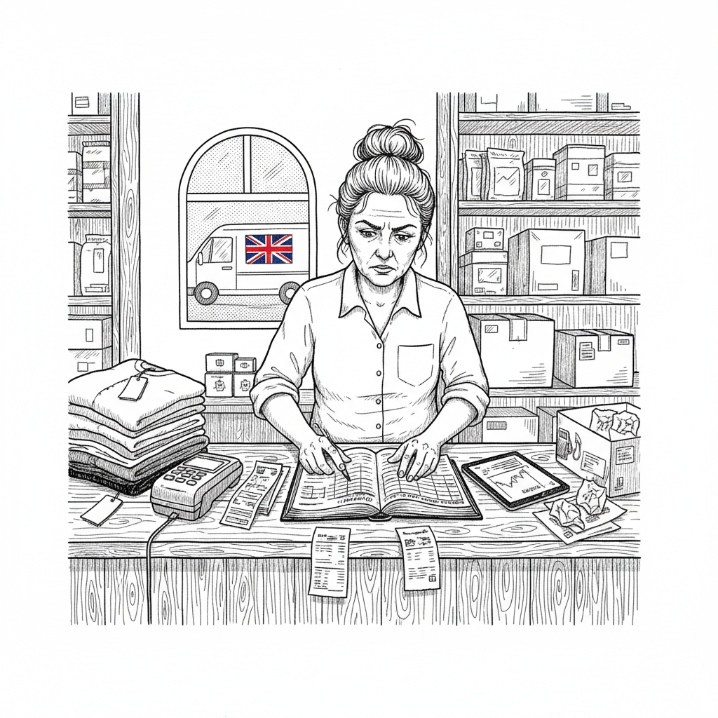 Pen-and-ink illustration of a small UK shop reviewing sales figures, fuel costs and online orders, with a small Union Jack as the only coloured element