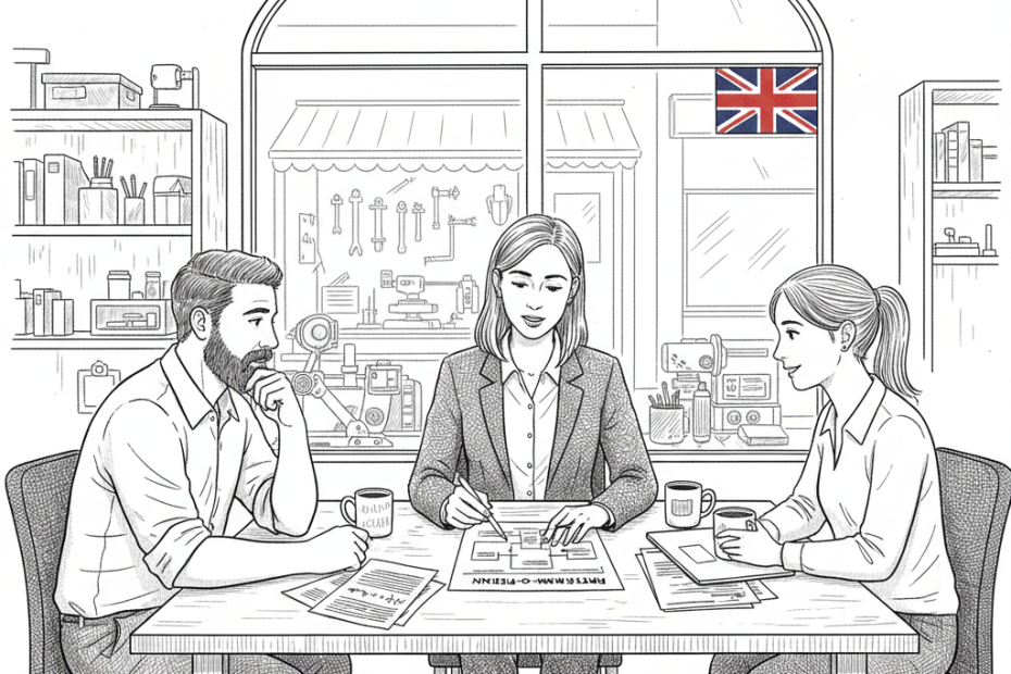 Pen-and-ink illustration of a UK small employer discussing return-to-work plans with staff, with a small Union Jack as the only coloured element