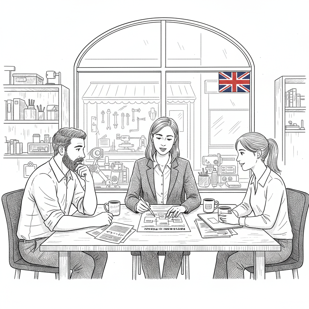 Pen-and-ink illustration of a UK small employer discussing return-to-work plans with staff, with a small Union Jack as the only coloured element