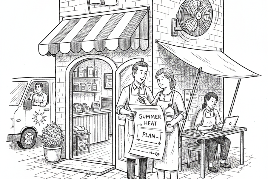 Pen-and-ink illustration of a small UK employer checking a heat plan for shop, delivery and outdoor workers, with a small St George's flag as the only coloured element