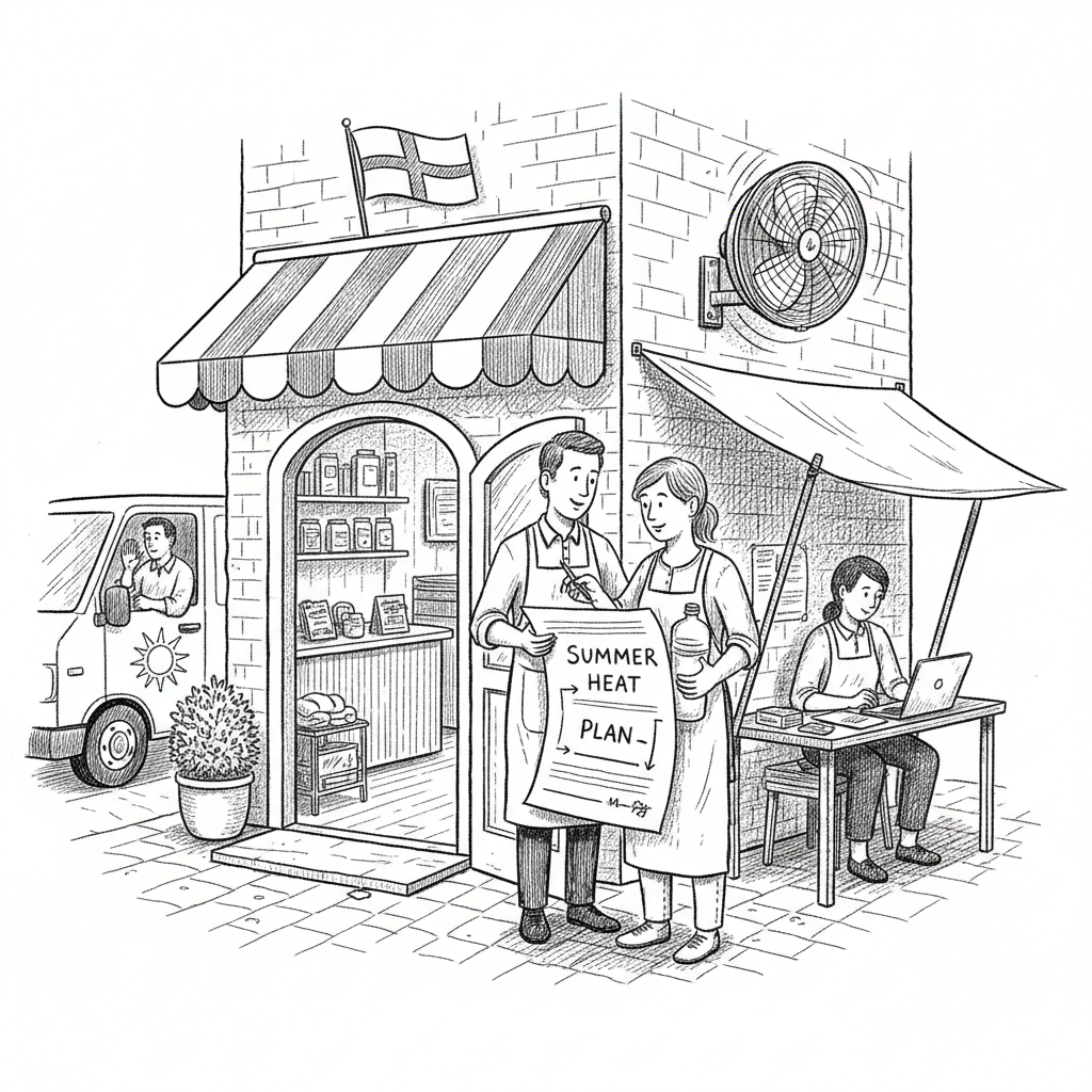 Pen-and-ink illustration of a small UK employer checking a heat plan for shop, delivery and outdoor workers, with a small St George's flag as the only coloured element