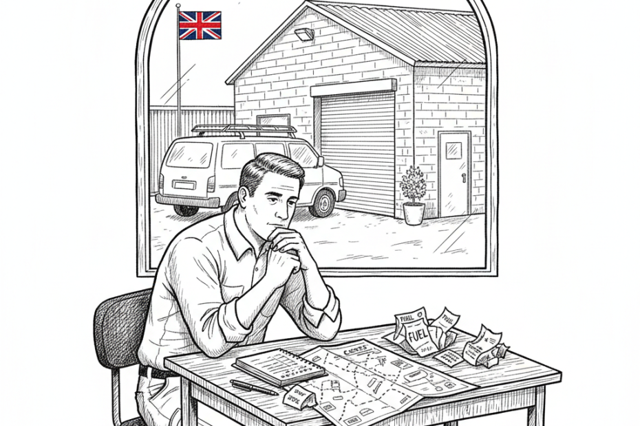 Pen-and-ink illustration of a UK small business owner reviewing van fuel costs, with a small Union Jack as the only coloured element