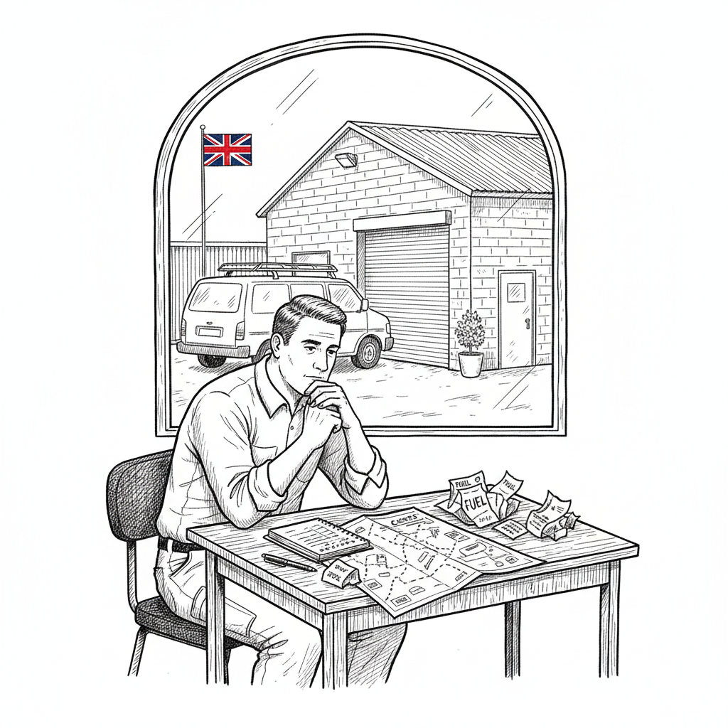 Pen-and-ink illustration of a UK small business owner reviewing van fuel costs, with a small Union Jack as the only coloured element