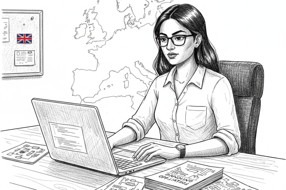 Pen-and-ink illustration of a UK tech SME founder reviewing innovation funding papers with a small tucked-away Union Jack as the only coloured element