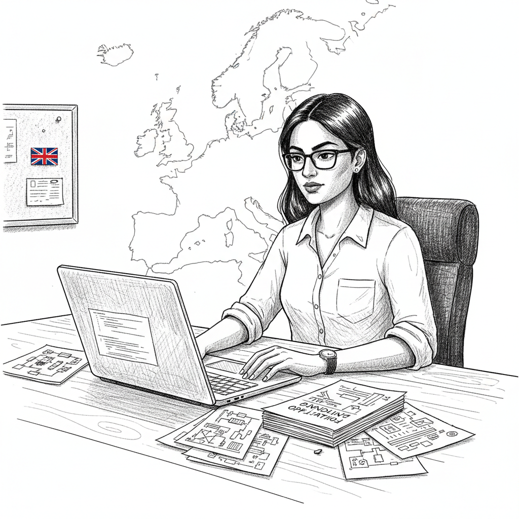 Pen-and-ink illustration of a UK tech SME founder reviewing innovation funding papers with a small tucked-away Union Jack as the only coloured element