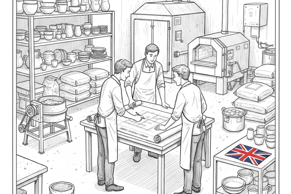 Pen-and-ink illustration of a UK ceramics workshop reviewing energy-efficiency investment plans, with a small Union Jack as the only coloured element