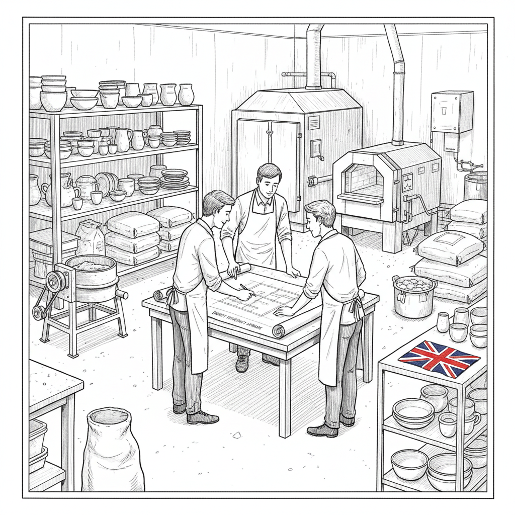 Pen-and-ink illustration of a UK ceramics workshop reviewing energy-efficiency investment plans, with a small Union Jack as the only coloured element