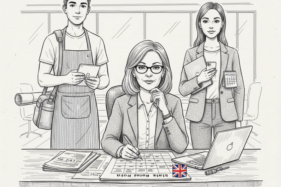 Pen-and-ink illustration of a UK small employer planning rotas while staff balance multiple jobs, with a small Union Jack as the only coloured element