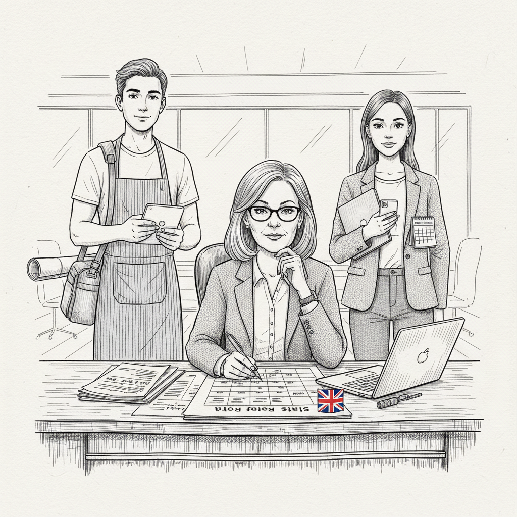 Pen-and-ink illustration of a UK small employer planning rotas while staff balance multiple jobs, with a small Union Jack as the only coloured element