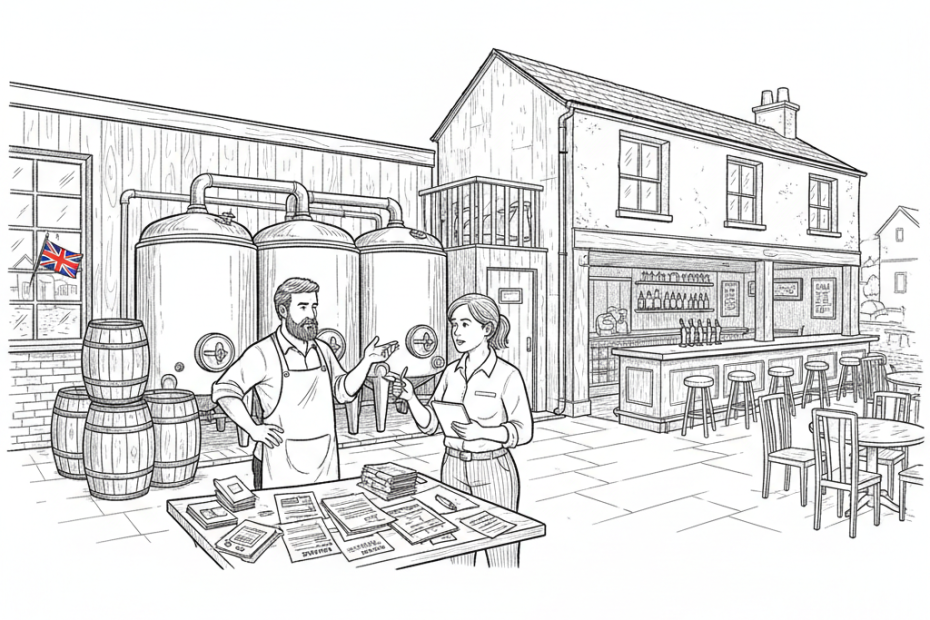 Pen-and-ink illustration of a UK independent brewery and small pub reviewing costs and sales, with a small Union Jack as the only coloured element