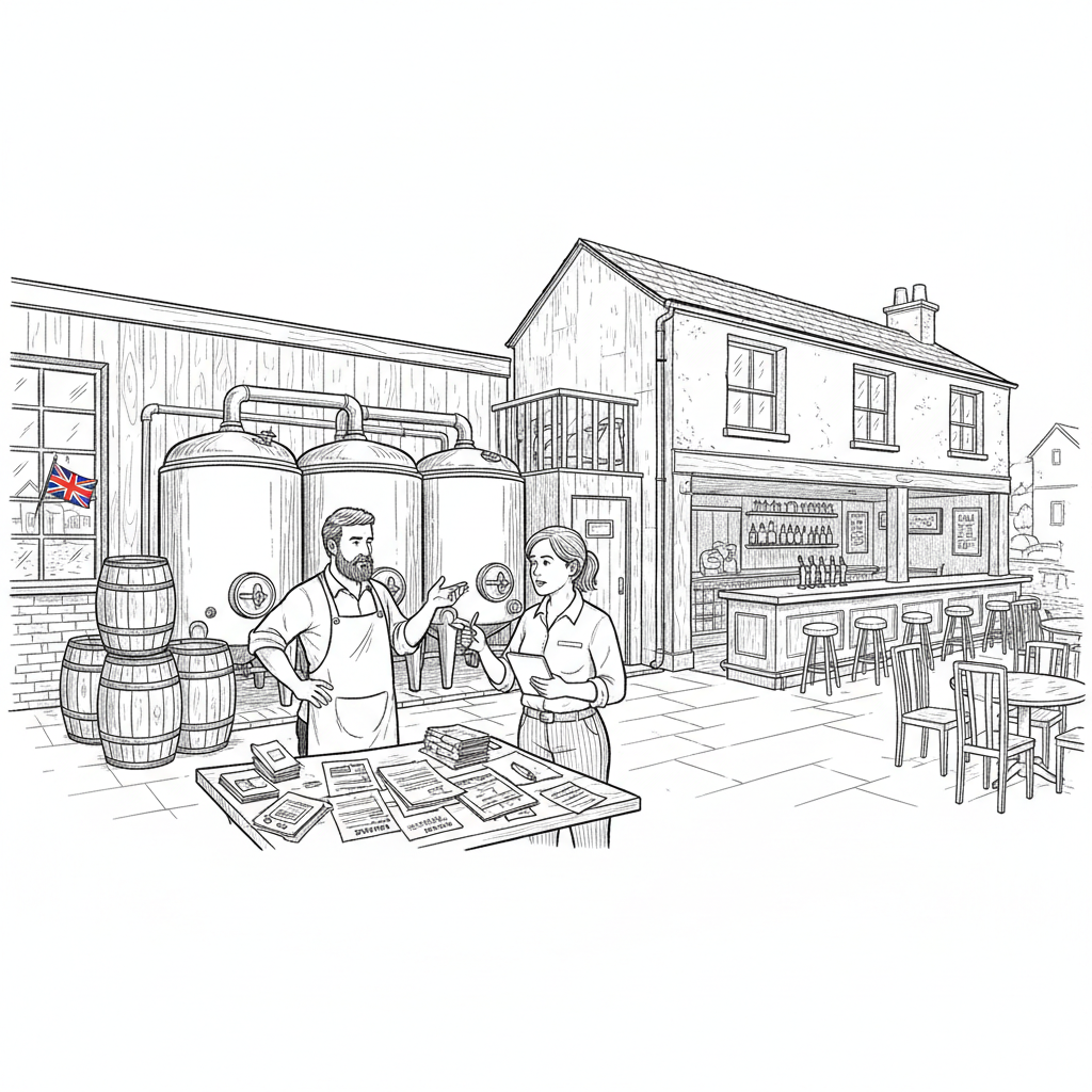 Pen-and-ink illustration of a UK independent brewery and small pub reviewing costs and sales, with a small Union Jack as the only coloured element