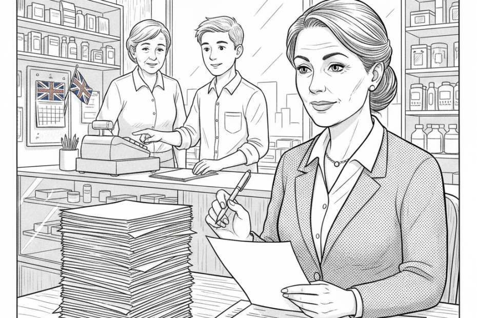 Pen-and-ink illustration of a UK small business owner reviewing entry-level job applications, with a small Union Jack as the only coloured element