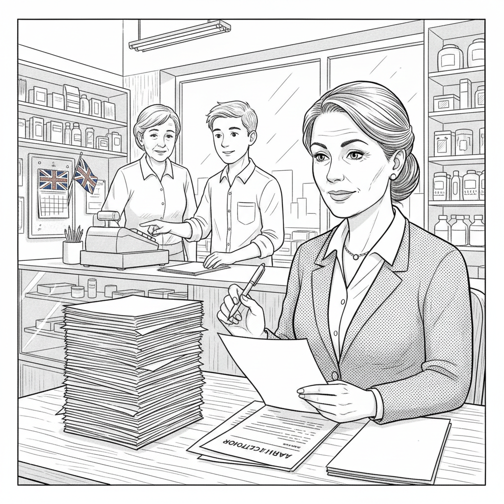 Pen-and-ink illustration of a UK small business owner reviewing entry-level job applications, with a small Union Jack as the only coloured element