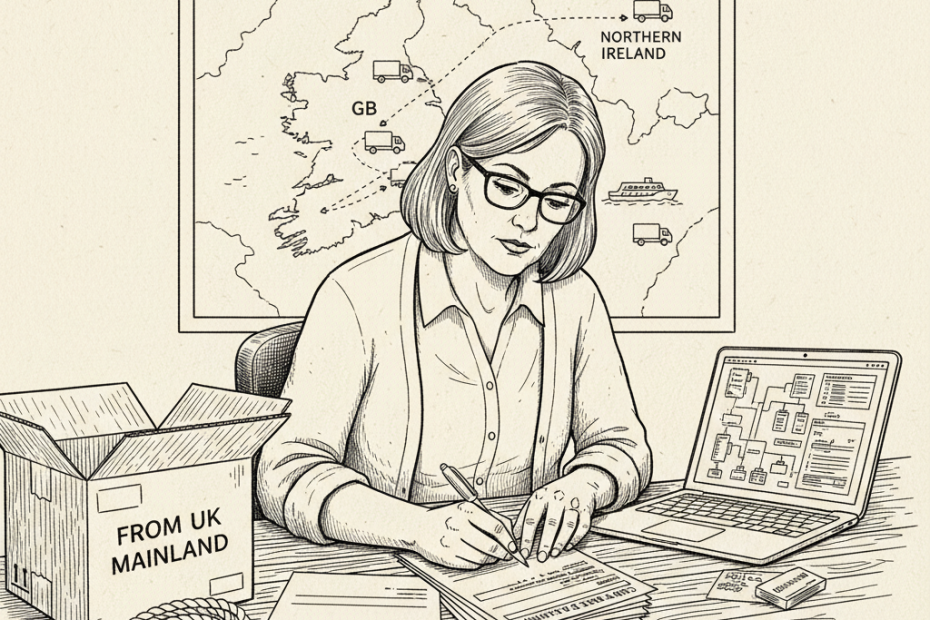 Pen-and-ink illustration of a small UK business checking Northern Ireland customs paperwork, with a small Union Jack as the only coloured element