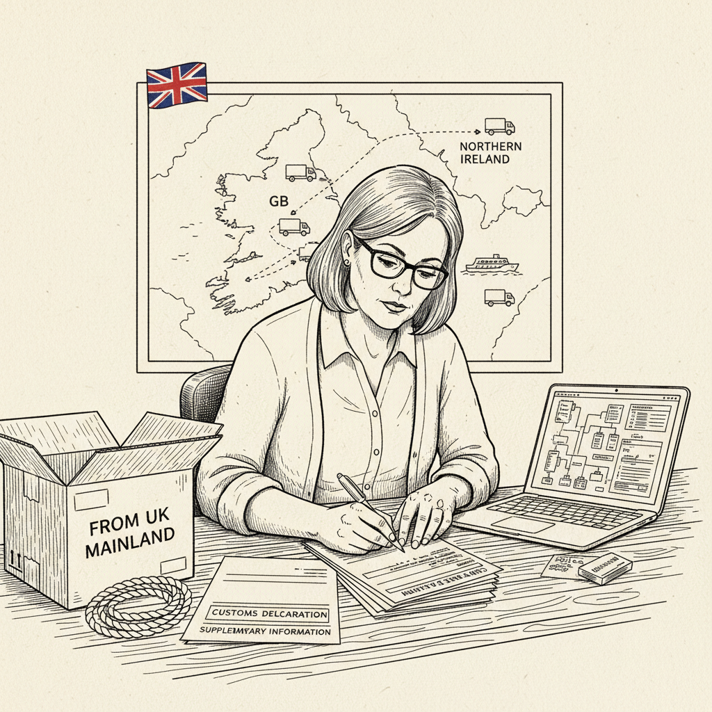 Pen-and-ink illustration of a small UK business checking Northern Ireland customs paperwork, with a small Union Jack as the only coloured element