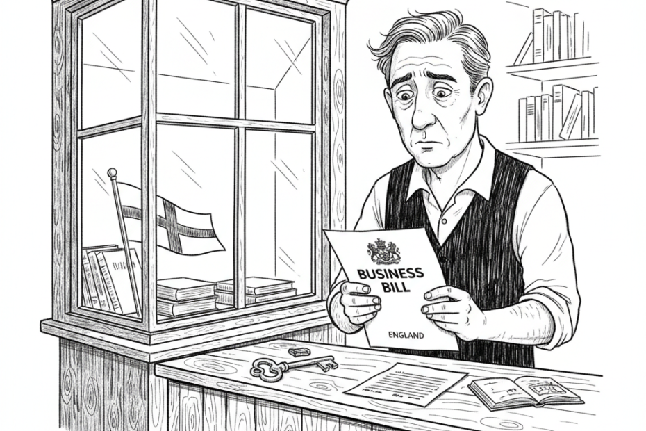 Pen-and-ink illustration of an English small shop owner checking a business rates bill, with a small St George's Cross as the only coloured element