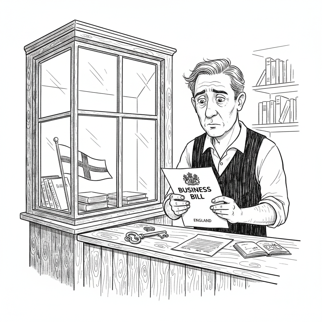 Pen-and-ink illustration of an English small shop owner checking a business rates bill, with a small St George's Cross as the only coloured element