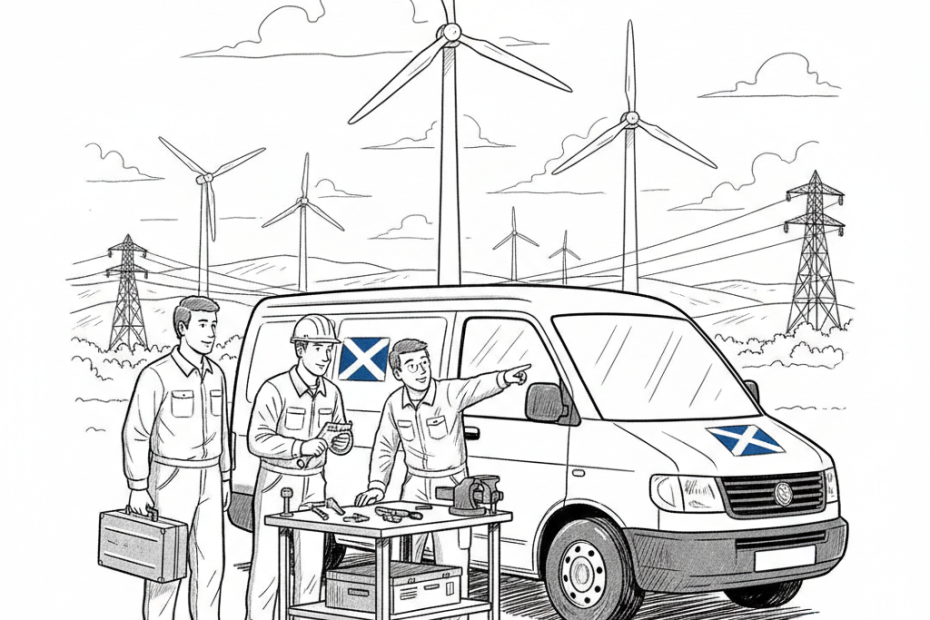 Pen-and-ink illustration of Scottish small business suppliers around renewable energy infrastructure, with a small Saltire as the only coloured element