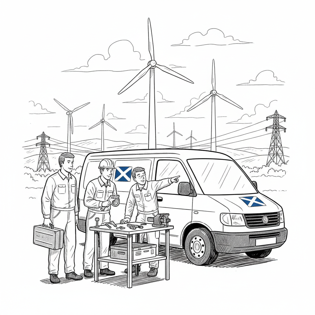 Pen-and-ink illustration of Scottish small business suppliers around renewable energy infrastructure, with a small Saltire as the only coloured element