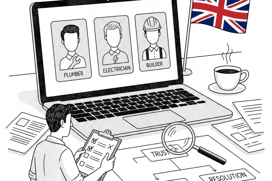 Pen-and-ink illustration of a small trade recommendation website being reviewed for consumer law compliance, with a small tucked-away Union Jack as the only coloured element