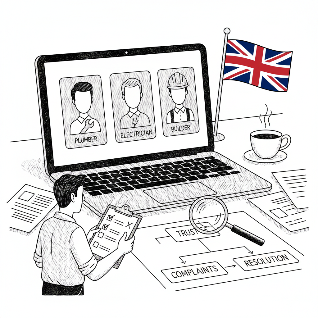 Pen-and-ink illustration of a small trade recommendation website being reviewed for consumer law compliance, with a small tucked-away Union Jack as the only coloured element