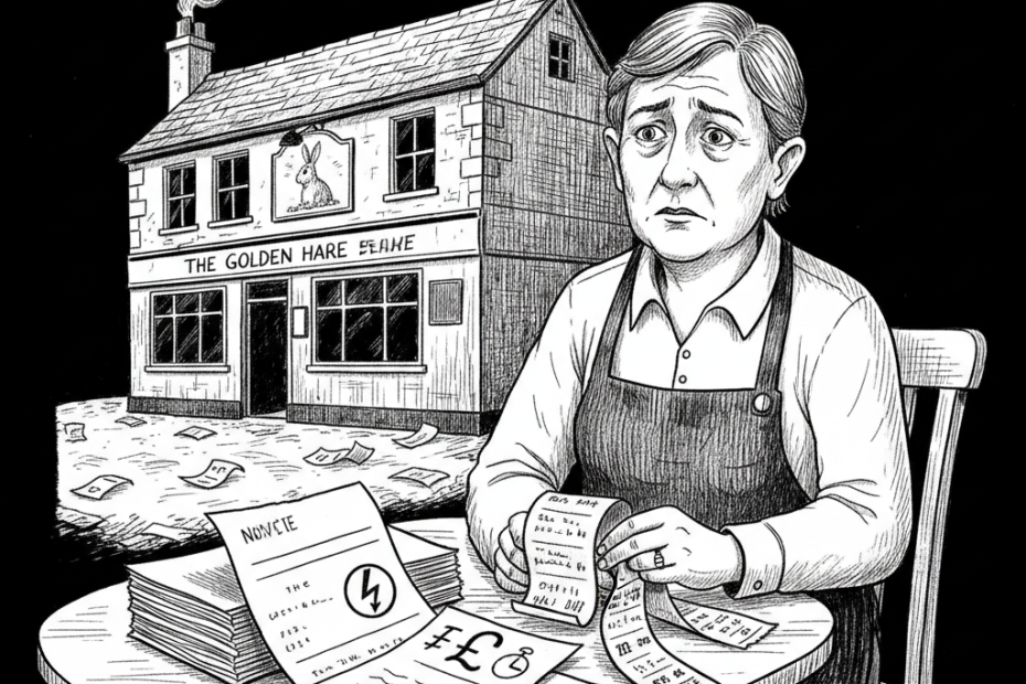 Pen-and-ink illustration of a small UK pub and restaurant owner reviewing VAT and cost pressures, with a small tucked-away Union Jack as the only coloured element