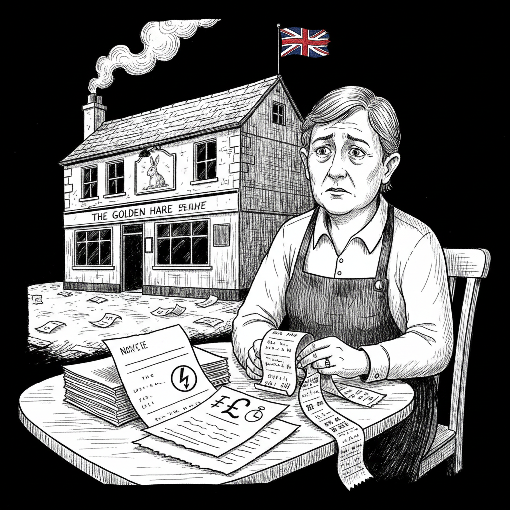 Pen-and-ink illustration of a small UK pub and restaurant owner reviewing VAT and cost pressures, with a small tucked-away Union Jack as the only coloured element