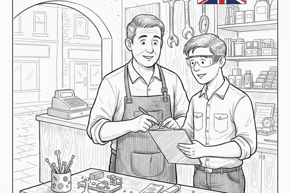Pen-and-ink illustration of a small UK employer planning youth work placements, with a small tucked-away Union Jack as the only coloured element