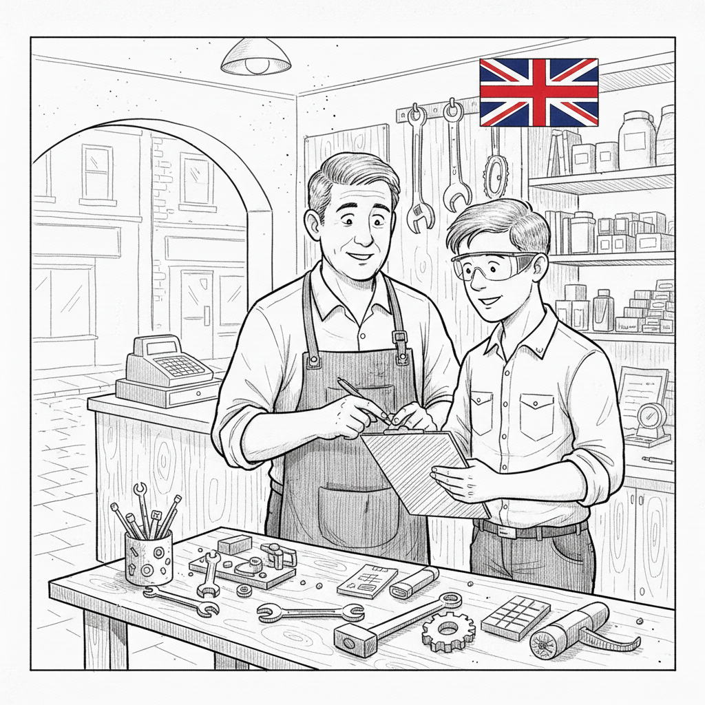 Pen-and-ink illustration of a small UK employer planning youth work placements, with a small tucked-away Union Jack as the only coloured element