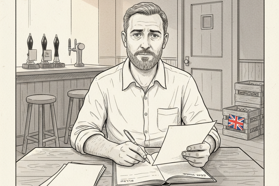 Pen-and-ink illustration of a small British pub owner reviewing costs at a bar, with a small tucked-away Union Jack as the only coloured element