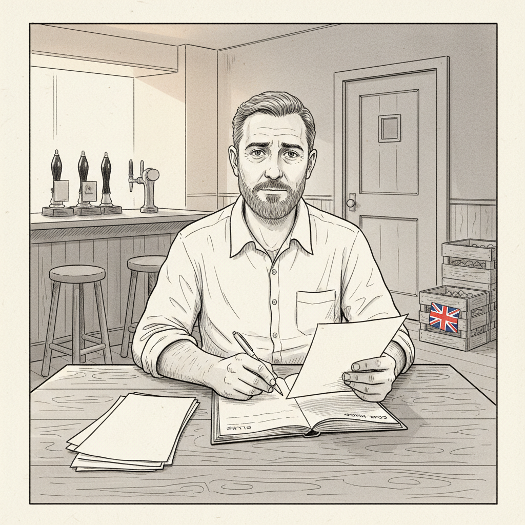 Pen-and-ink illustration of a small British pub owner reviewing costs at a bar, with a small tucked-away Union Jack as the only coloured element